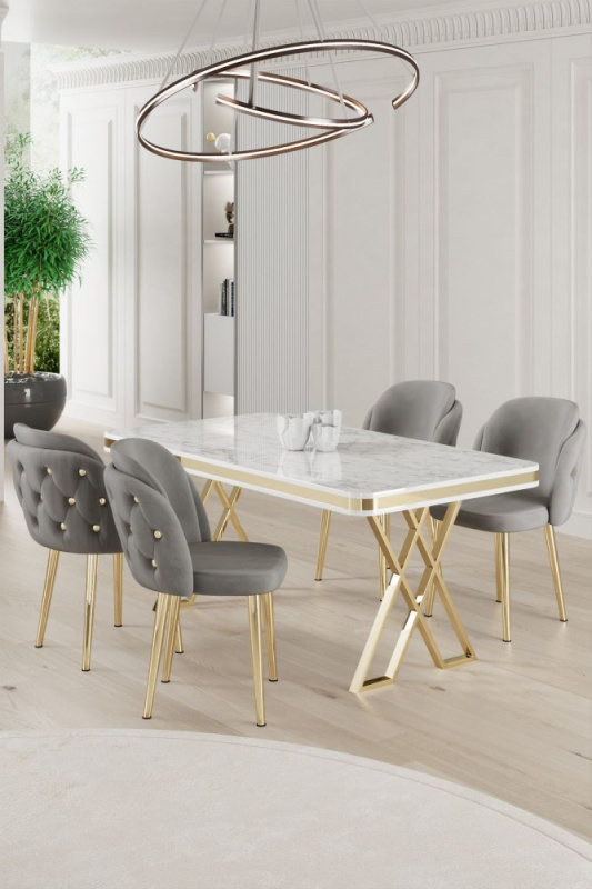 Dining Table & Chairs Set (5 Pieces) Rigel - White, Gold, Grey