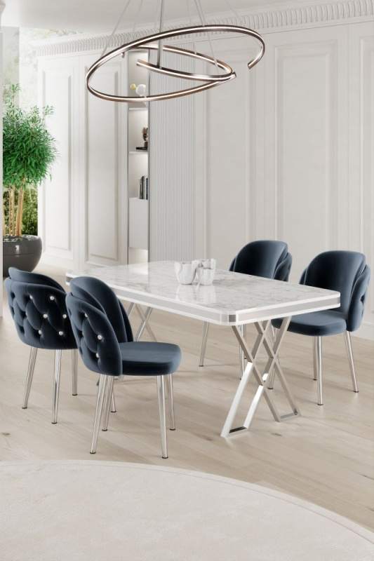 Dining Table & Chairs Set (5 Pieces) Rigel - White, Chrome, Anthracite
