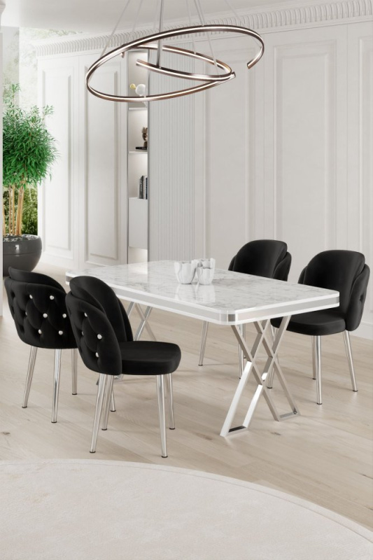 Dining Table & Chairs Set (5 Pieces) Rigel - White, Chrome, Black