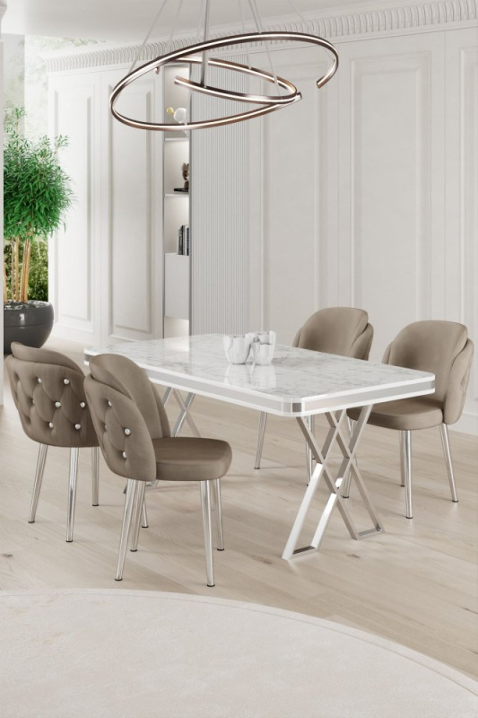 Dining Table & Chairs Set (5 Pieces) Rigel - White, Chrome, Cappuccino