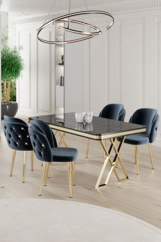 Dining Table & Chairs Set (5 Pieces) Rigel - Black Marble, Gold, Anthracite