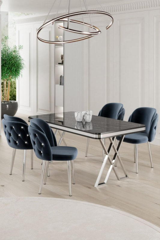 Dining Table & Chairs Set (5 Pieces) Rigel - Black Marble, Chrome, Anthracite