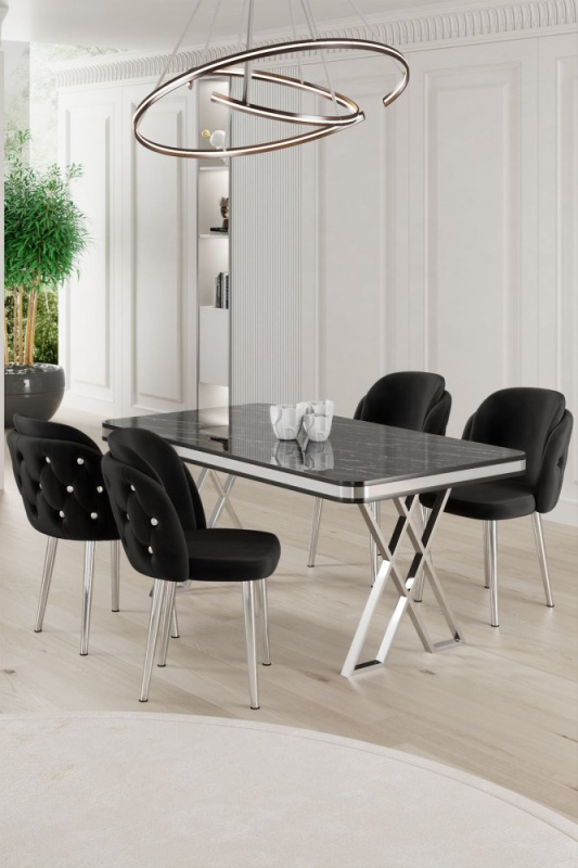 Dining Table & Chairs Set (5 Pieces) Rigel - Black Marble, Chrome, Black
