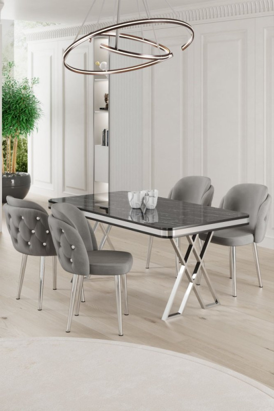 Dining Table & Chairs Set (5 Pieces) Rigel - Black Marble, Chrome, Grey
