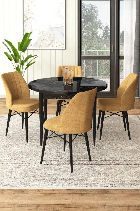Dining Table & Chairs Set (5 Pieces) Rox - Black Marble, Cappuccino