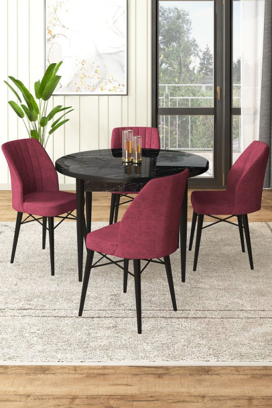 Dining Table & Chairs Set (5 Pieces) Rox - Black Marble, Burgundy