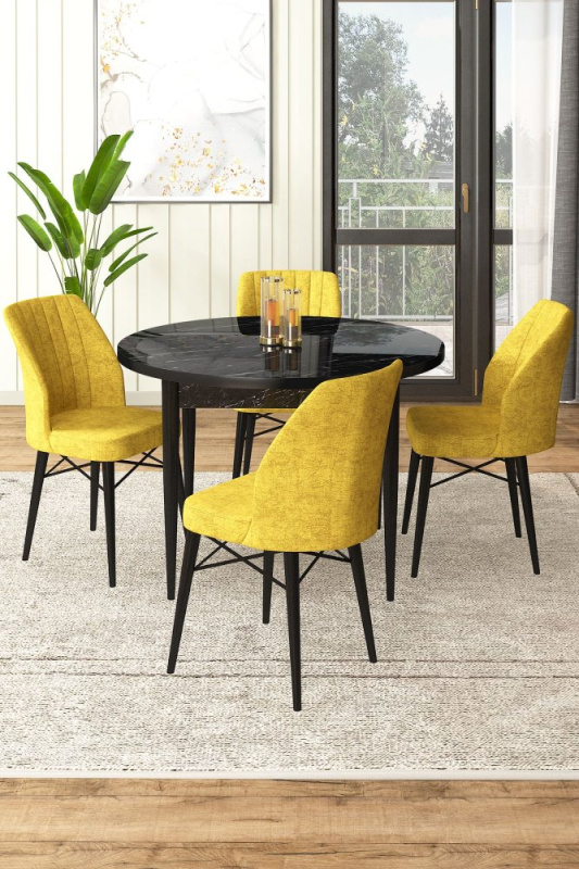 Dining Table & Chairs Set (5 Pieces) Rox - Black Marble, Mustard