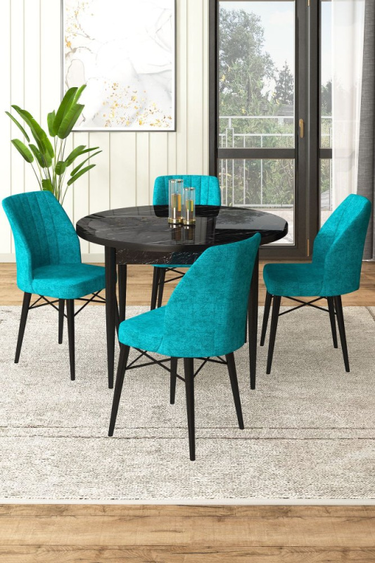 Dining Table & Chairs Set (5 Pieces) Rox - Black Marble, Turquoise