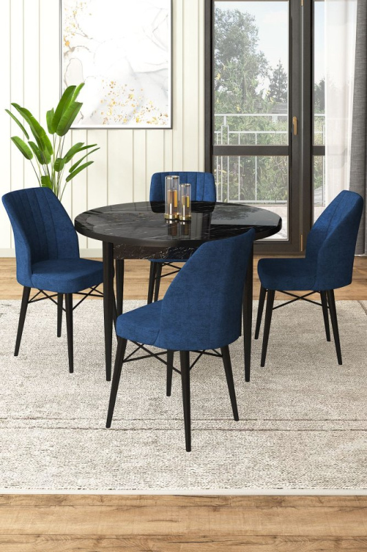 Dining Table & Chairs Set (5 Pieces) Rox - Black Marble, Navy Blue