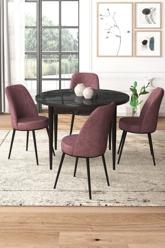 Dining Table & Chairs Set (5 Pieces) Tor - Black Marble, Dusty Rose