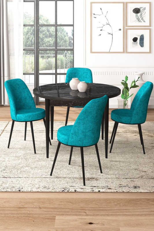 Dining Table & Chairs Set (5 Pieces) Tor - Black Marble, Turquoise