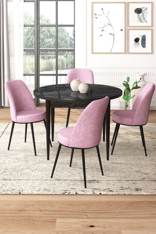 Dining Table & Chairs Set (5 Pieces) Tor - Black Marble, Pink