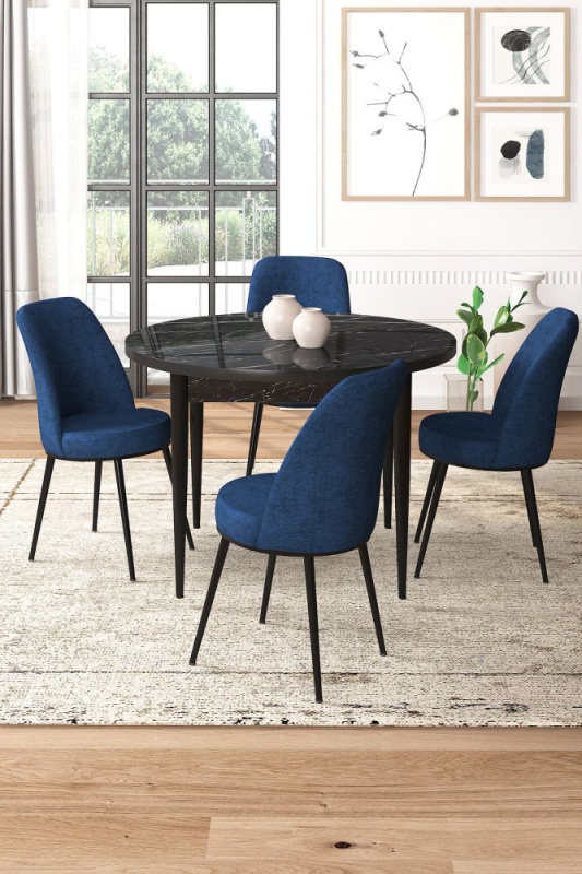 Dining Table & Chairs Set (5 Pieces) Tor - Black Marble, Navy Blue