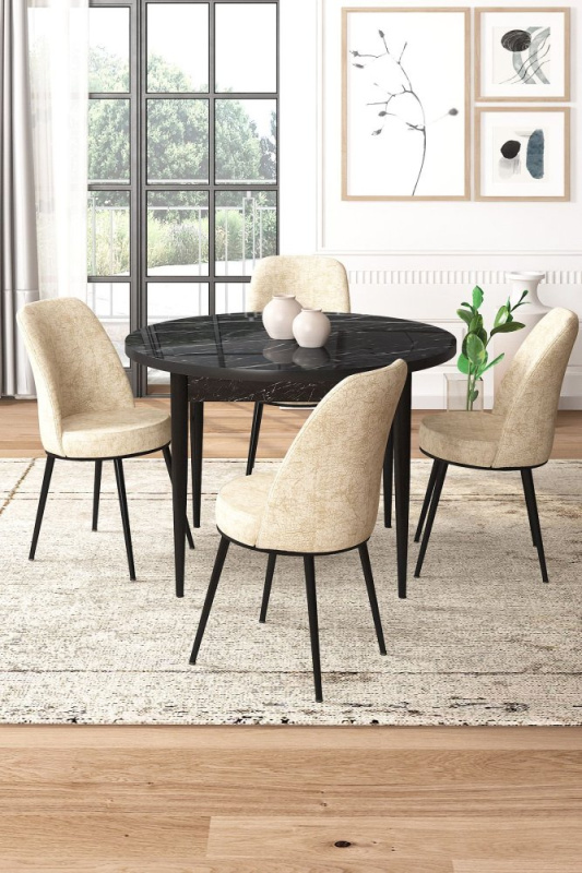 Dining Table & Chairs Set (5 Pieces) Tor - Black Marble, Cream