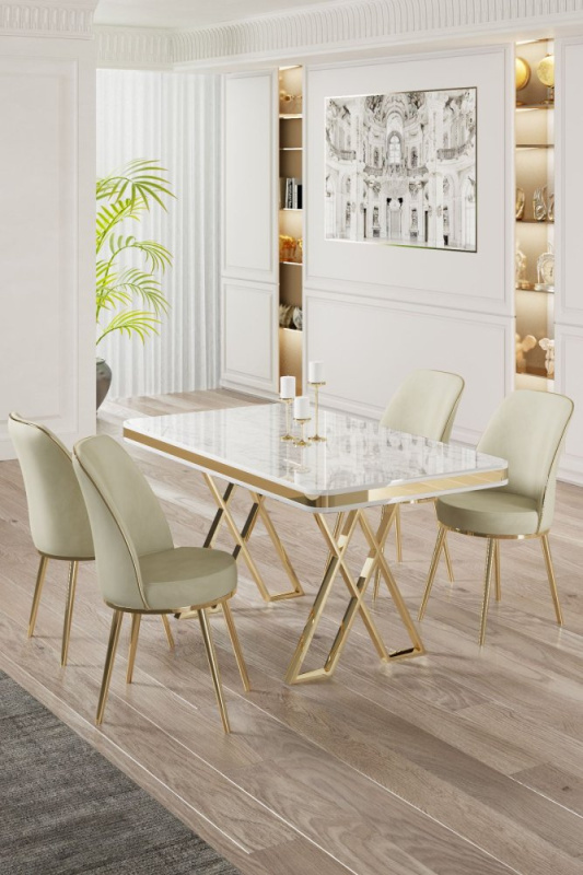 Dining Table & Chairs Set (5 Pieces) Vals - White, Gold, Cream