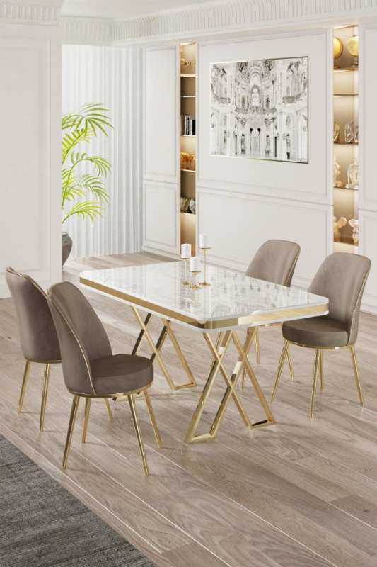 Dining Table & Chairs Set (5 Pieces) Vals - White, Gold, Cappuccino