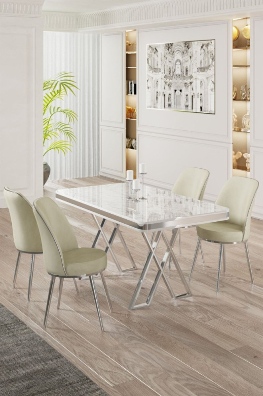 Dining Table & Chairs Set (5 Pieces) Vals - White, Chrome, Cream
