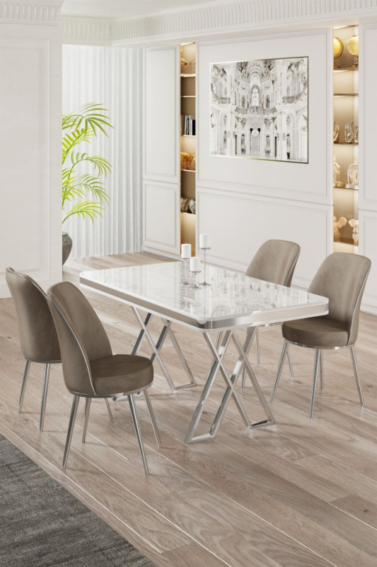 Dining Table & Chairs Set (5 Pieces) Vals - White, Chrome, Cappuccino