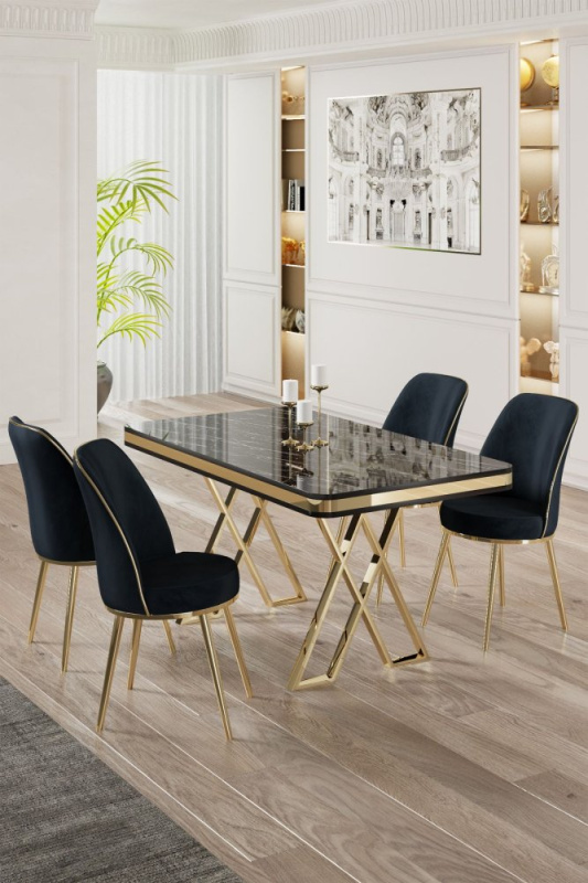 Dining Table & Chairs Set (5 Pieces) Vals - Black Marble, Gold, Anthracite