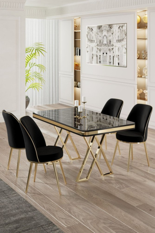 Dining Table & Chairs Set (5 Pieces) Vals - Black Marble, Gold, Black