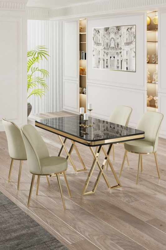 Dining Table & Chairs Set (5 Pieces) Vals - Black Marble, Gold, Cream