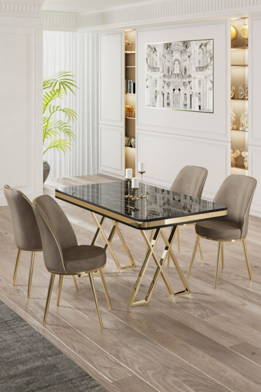 Dining Table & Chairs Set (5 Pieces) Vals - Black Marble, Gold, Cappuccino