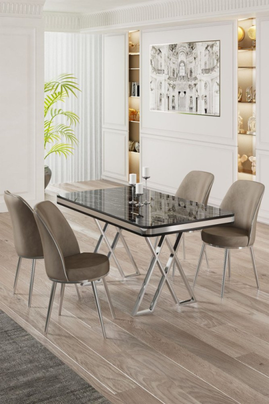 Dining Table & Chairs Set (5 Pieces) Vals - Black Marble, Chrome, Cappuccino