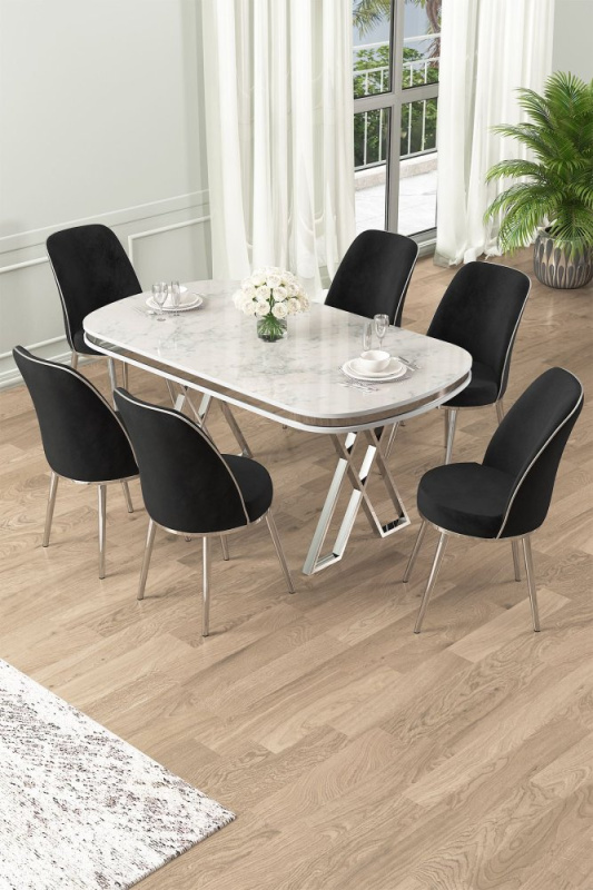 Dining Table & Chairs Set (7 Pieces) Lai - White, Chrome, Black