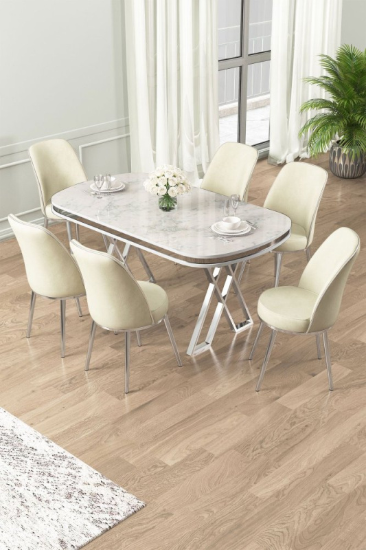 Dining Table & Chairs Set (7 Pieces) Lai - White, Chrome, Cream