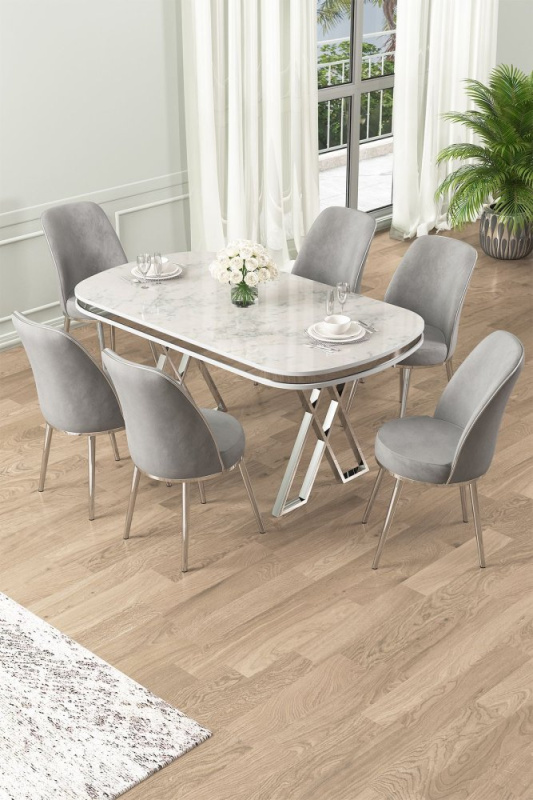 Dining Table & Chairs Set (7 Pieces) Lai - White, Chrome, Grey