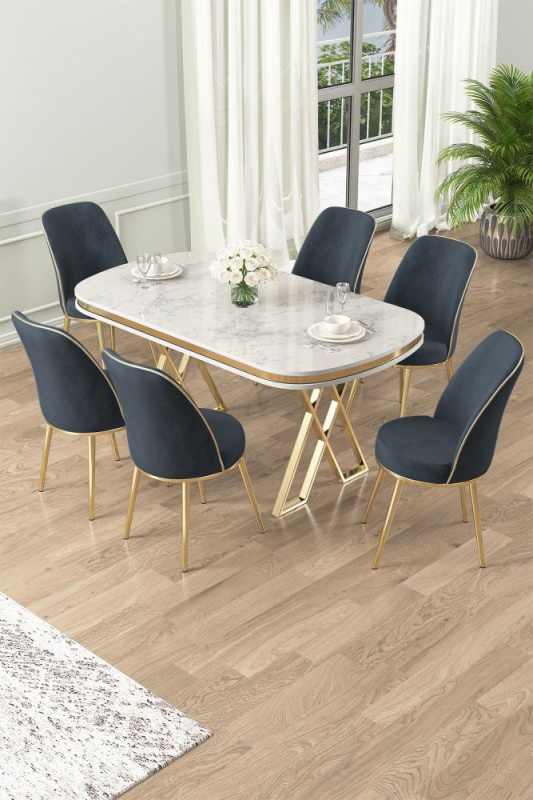 Dining Table & Chairs Set (7 Pieces) Lai - White, Gold, Anthracite