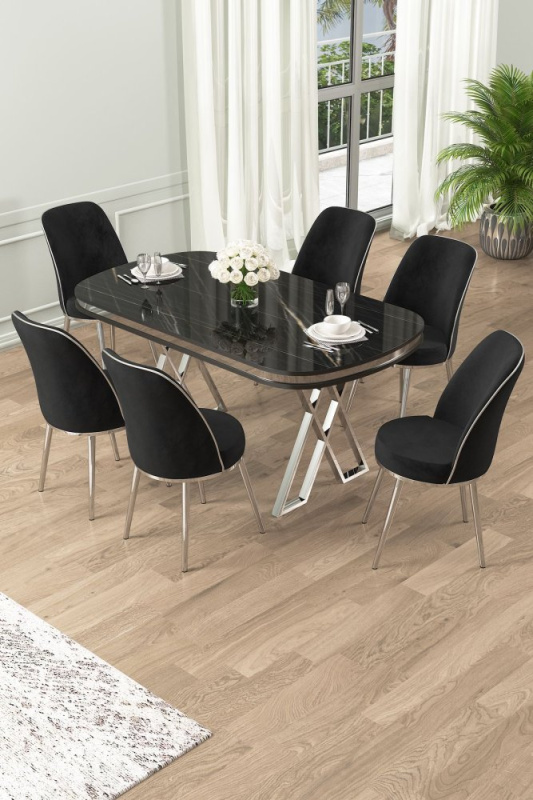 Dining Table & Chairs Set (7 Pieces) Lai - Black Marble, Chrome, Black