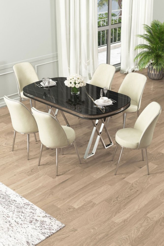 Dining Table & Chairs Set (7 Pieces) Lai - Black Marble, Chrome, Cream