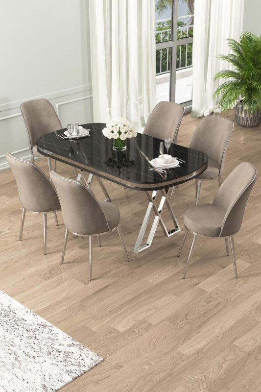 Dining Table & Chairs Set (7 Pieces) Lai - Black Marble, Chrome, Cappuccino