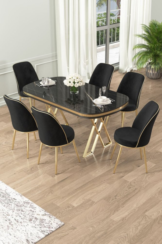 Dining Table & Chairs Set (7 Pieces) Lai - Black Marble, Gold, Black