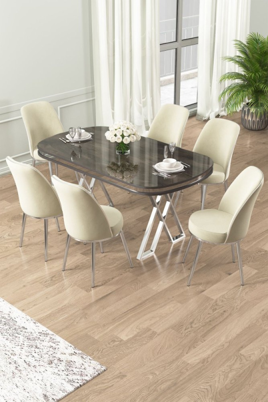 Dining Table & Chairs Set (7 Pieces) Lai - Anthracite, Chrome, Cream