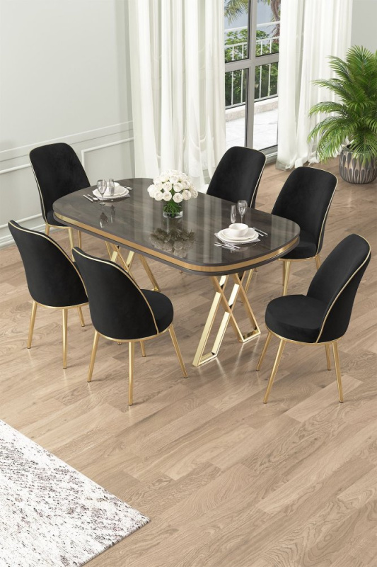 Dining Table & Chairs Set (7 Pieces) Lai - Anthracite, Gold, Black