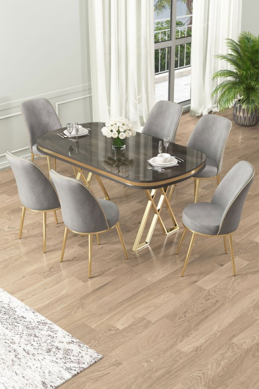 Dining Table & Chairs Set (7 Pieces) Lai - Anthracite, Gold, Grey