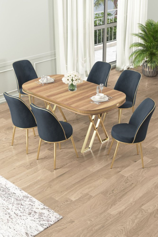 Dining Table & Chairs Set (7 Pieces) Lai - Light Walnut, Gold, Anthracite