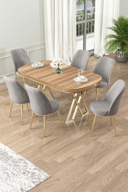 Dining Table & Chairs Set (7 Pieces) Lai - Light Walnut, Gold, Grey