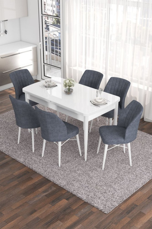 Extendable Dining Table & Chairs Set (7 Pieces) Eva - White, Fume