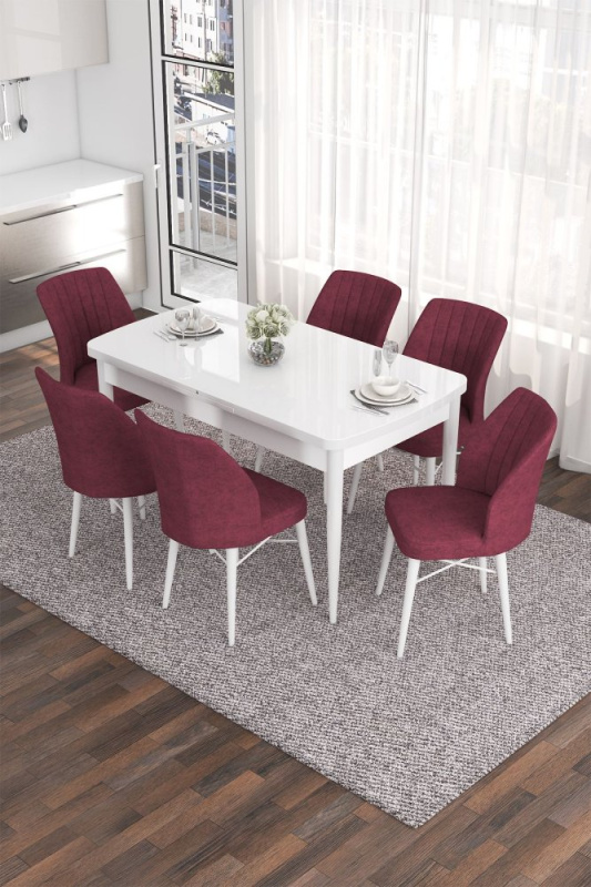 Extendable Dining Table & Chairs Set (7 Pieces) Eva - White, Burgundy