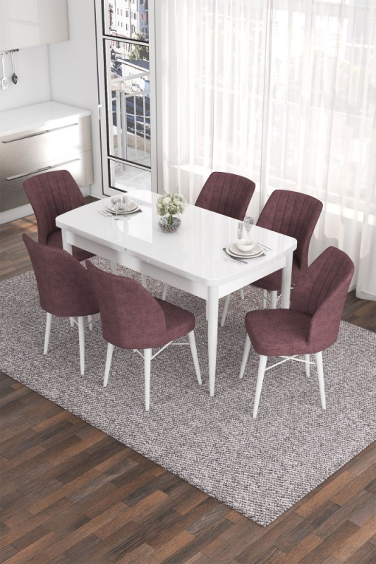 Extendable Dining Table & Chairs Set (7 Pieces) Eva - White, Dusty Rose