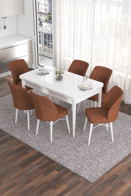 Extendable Dining Table & Chairs Set (7 Pieces) Eva - White, Tile Red