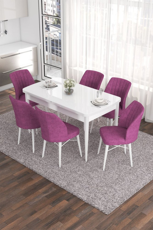 Extendable Dining Table & Chairs Set (7 Pieces) Eva - White, Purple