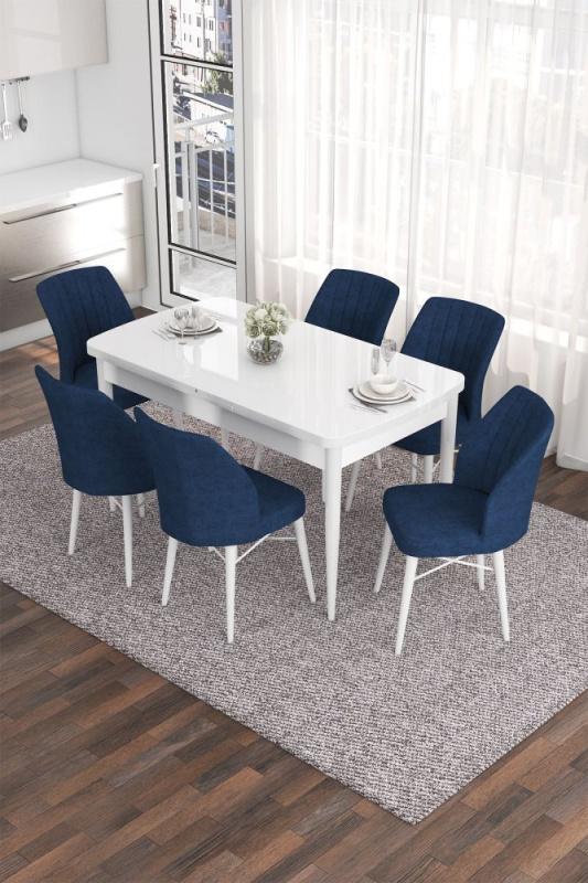 Extendable Dining Table & Chairs Set (7 Pieces) Eva - White, Navy Blue