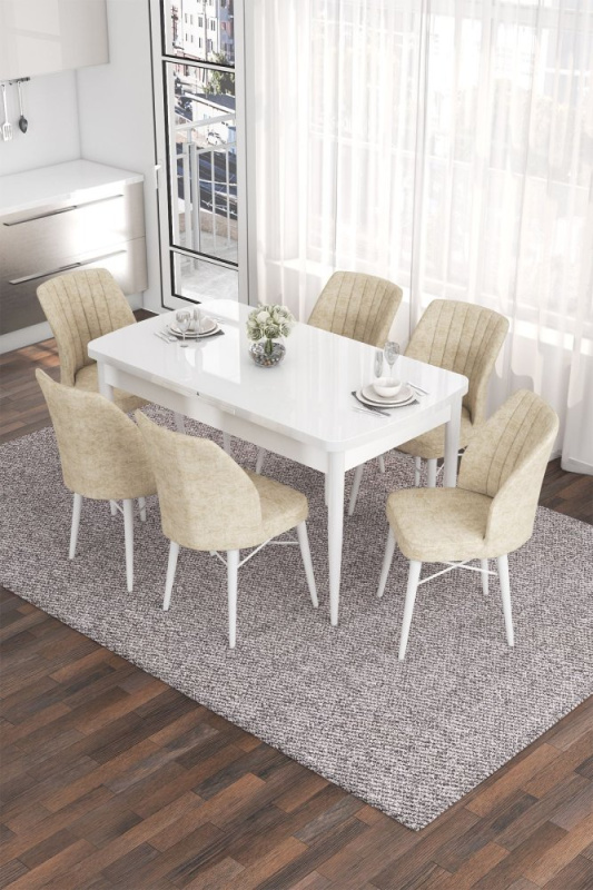 Extendable Dining Table & Chairs Set (7 Pieces) Eva - White, Cream