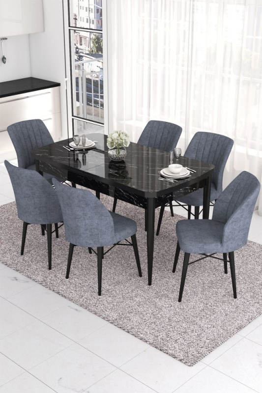 Extendable Dining Table & Chairs Set (7 Pieces) Eva - Black Marble, Fume