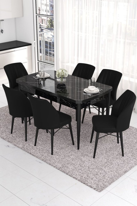 Extendable Dining Table & Chairs Set (7 Pieces) Eva - Black Marble, Black