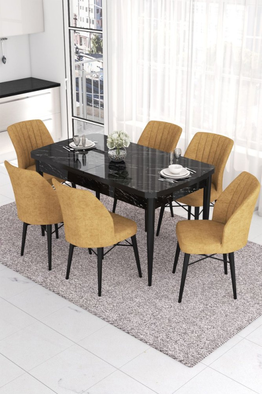 Extendable Dining Table & Chairs Set (7 Pieces) Eva - Black Marble, Cappuccino